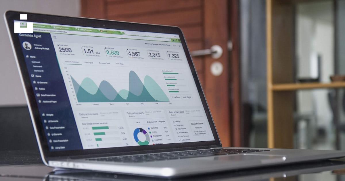 Laptop displaying a business analytics dashboard with charts and performance metrics.